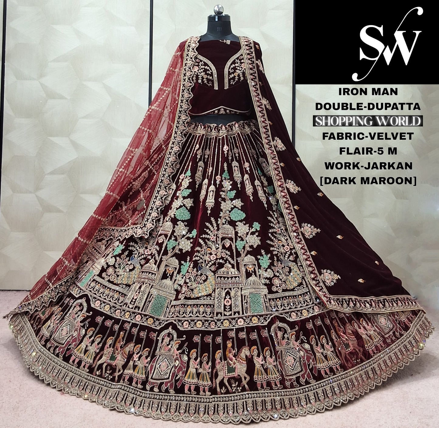 Raspberry Maroon Double Dupatta Velvet Bridal Lehenga