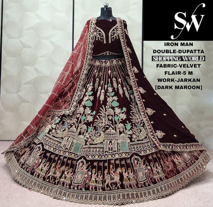 Raspberry Maroon Double Dupatta Velvet Bridal Lehenga