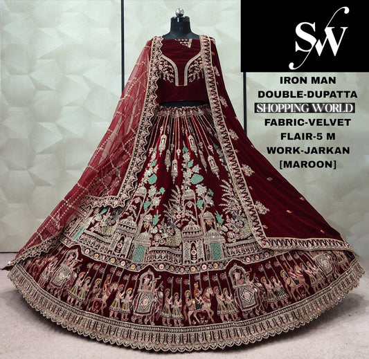 Raspberry Maroon Double Dupatta Velvet Bridal Lehenga