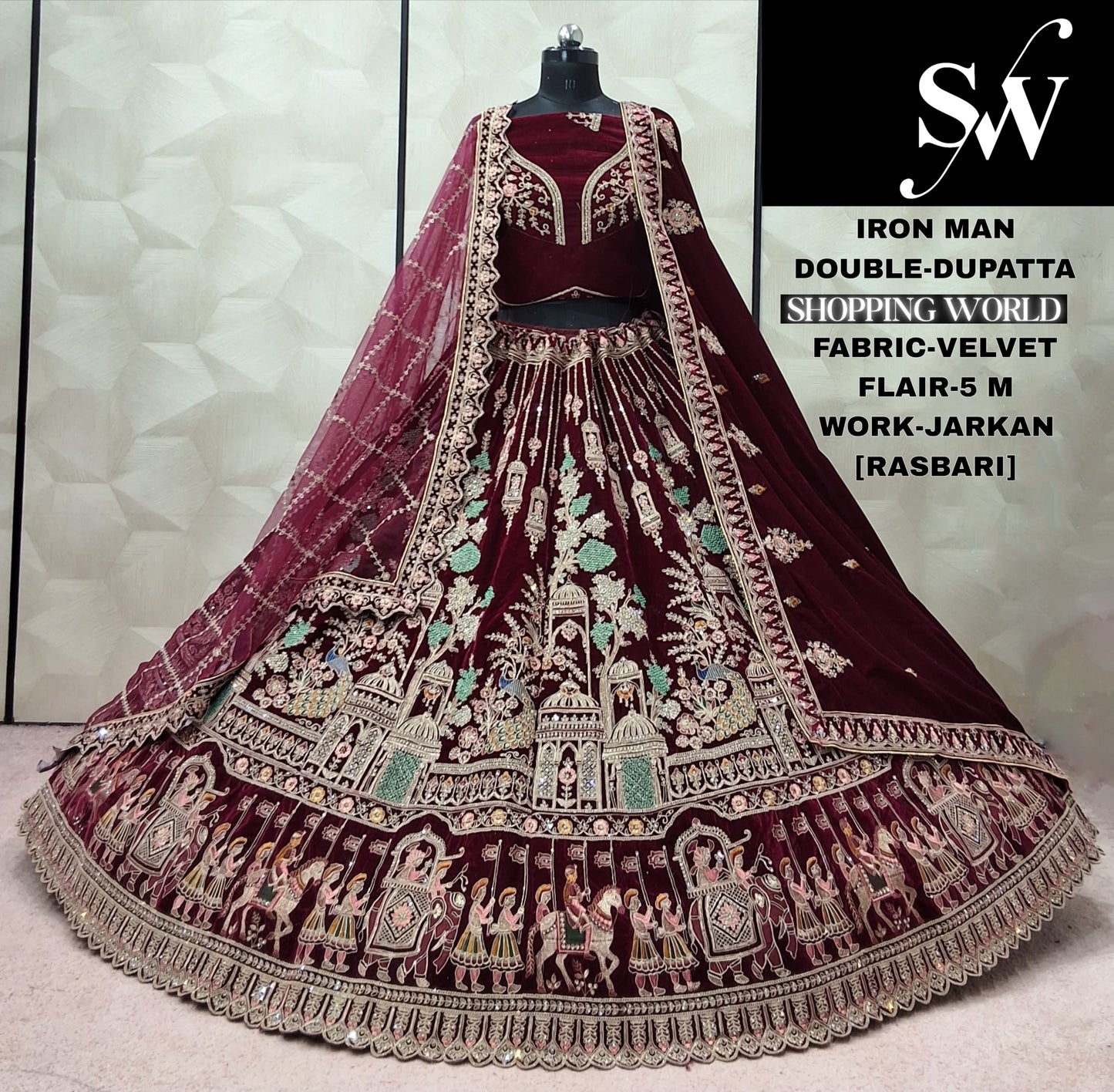 Raspberry Maroon Double Dupatta Velvet Bridal Lehenga