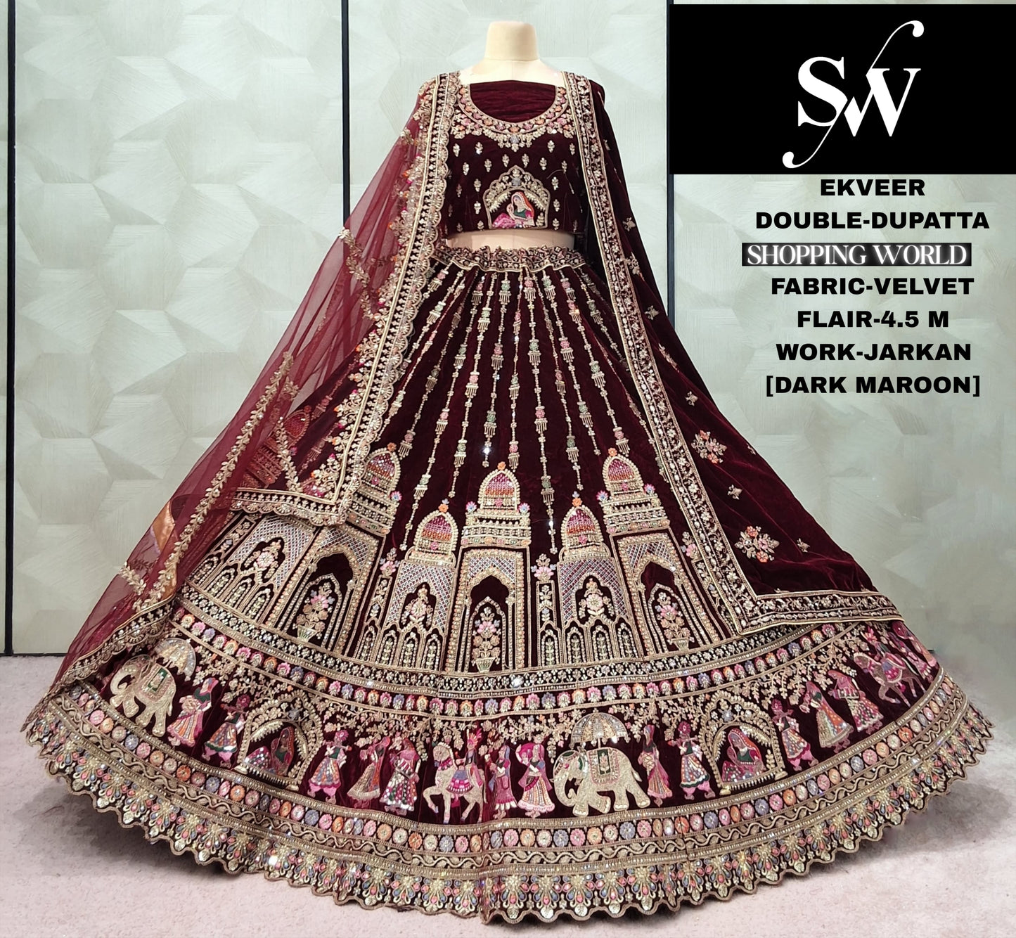 Dark Maroon Double Dupatta Doli Barat Velvet Bridal Lehenga