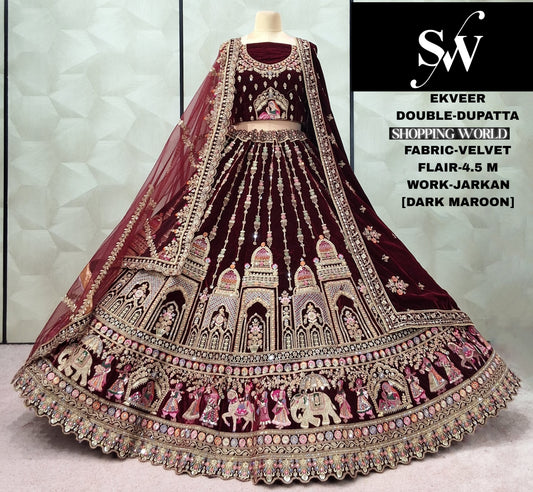 Dark Maroon Double Dupatta Doli Barat Velvet Bridal Lehenga