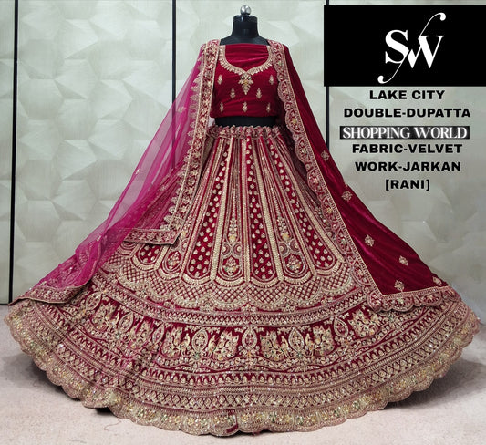 Rani Pink Double Dupatta Velvet Bridal Lehenga