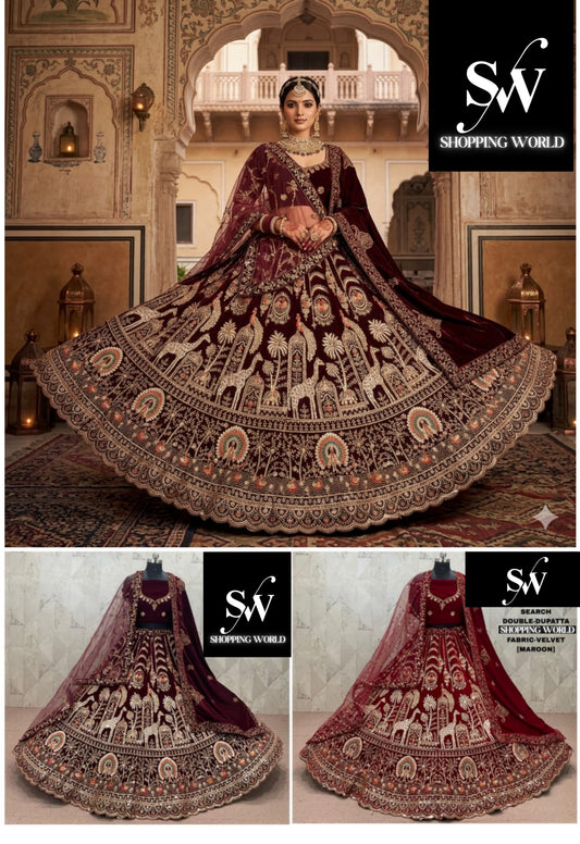 Maroon Dark Maroon Velvet Bridal Lehenga