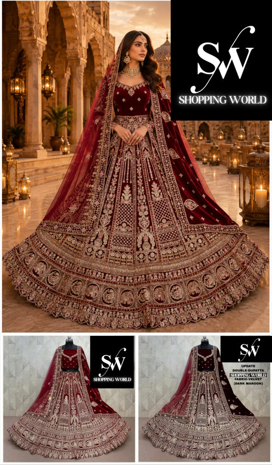 Maroon Dark Maroon Peacock Double Dupatta Velvet Bridal Lehenga