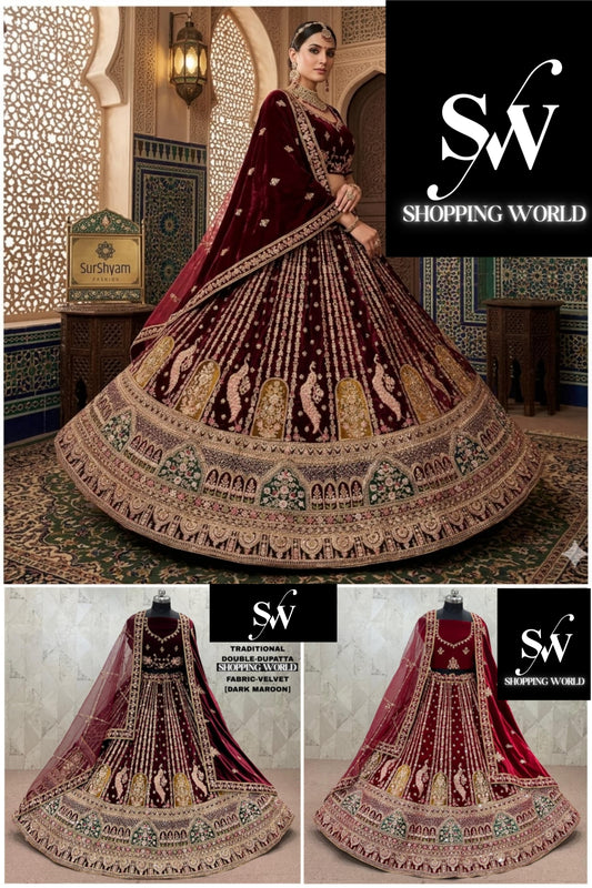 Maroon Dark Maroon Peacock Double Dupatta Velvet Bridal Lehenga