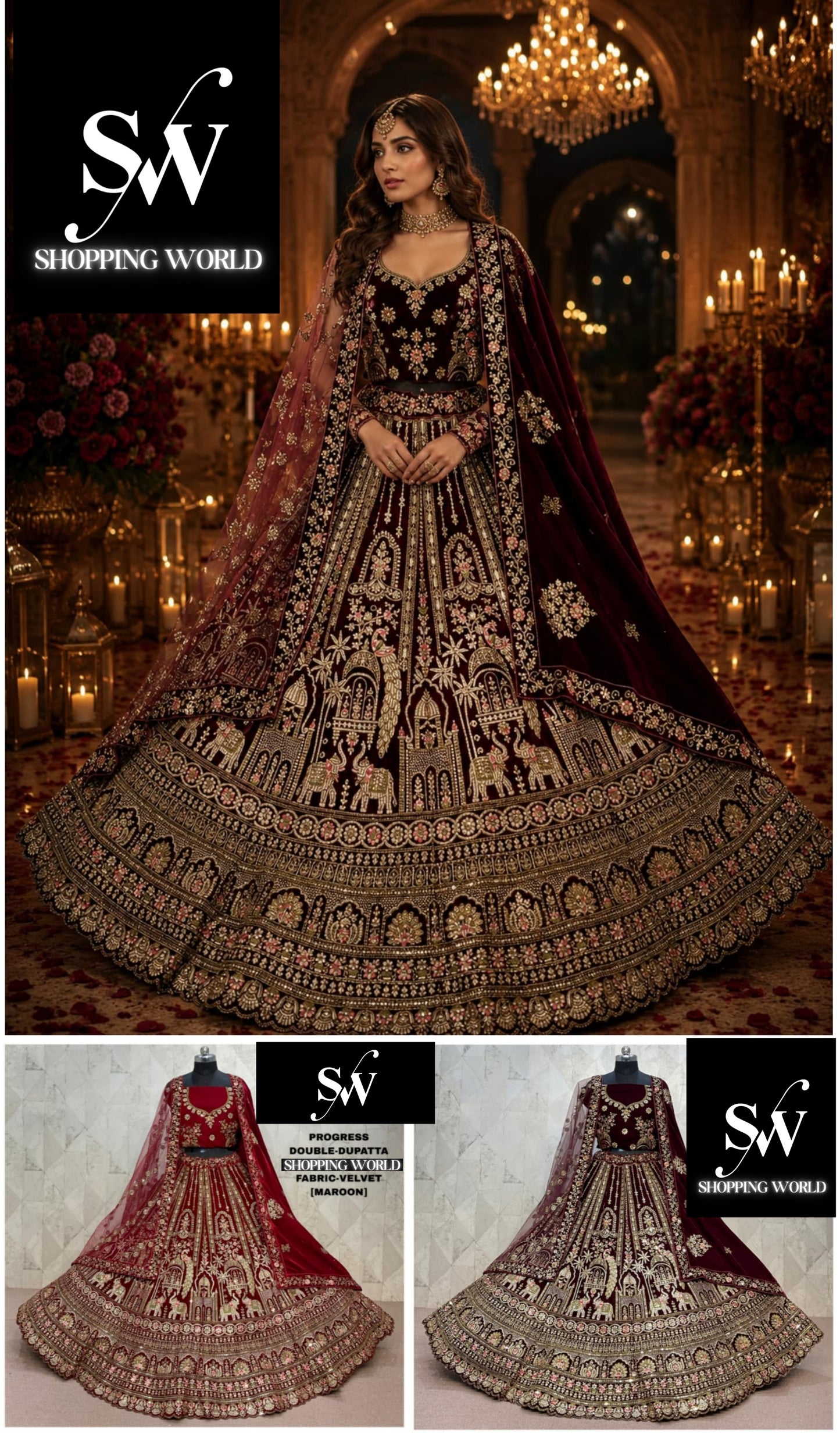 Maroon Dark Maroon Double Dupatta Velvet Bridal Lehenga