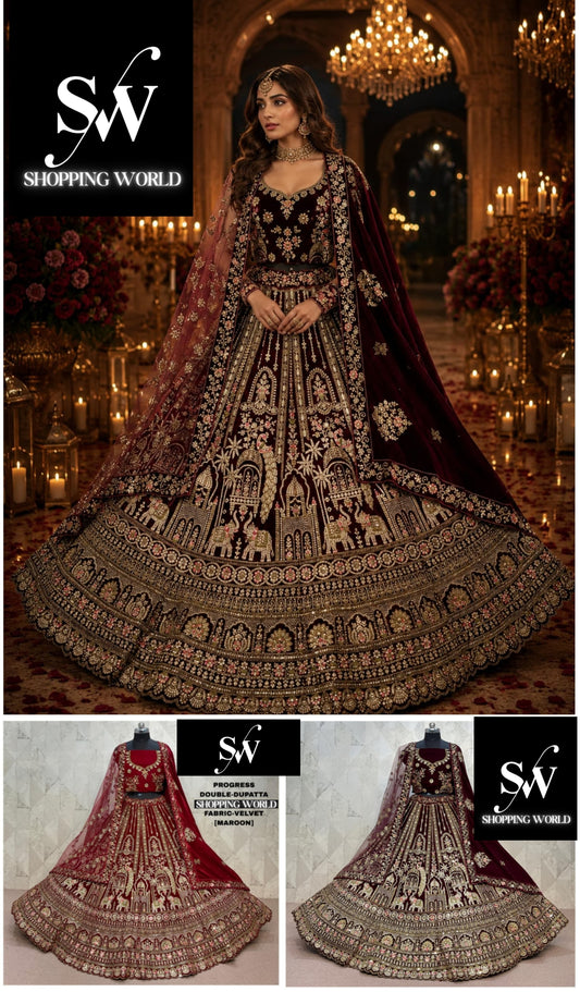 Maroon Dark Maroon Double Dupatta Velvet Bridal Lehenga