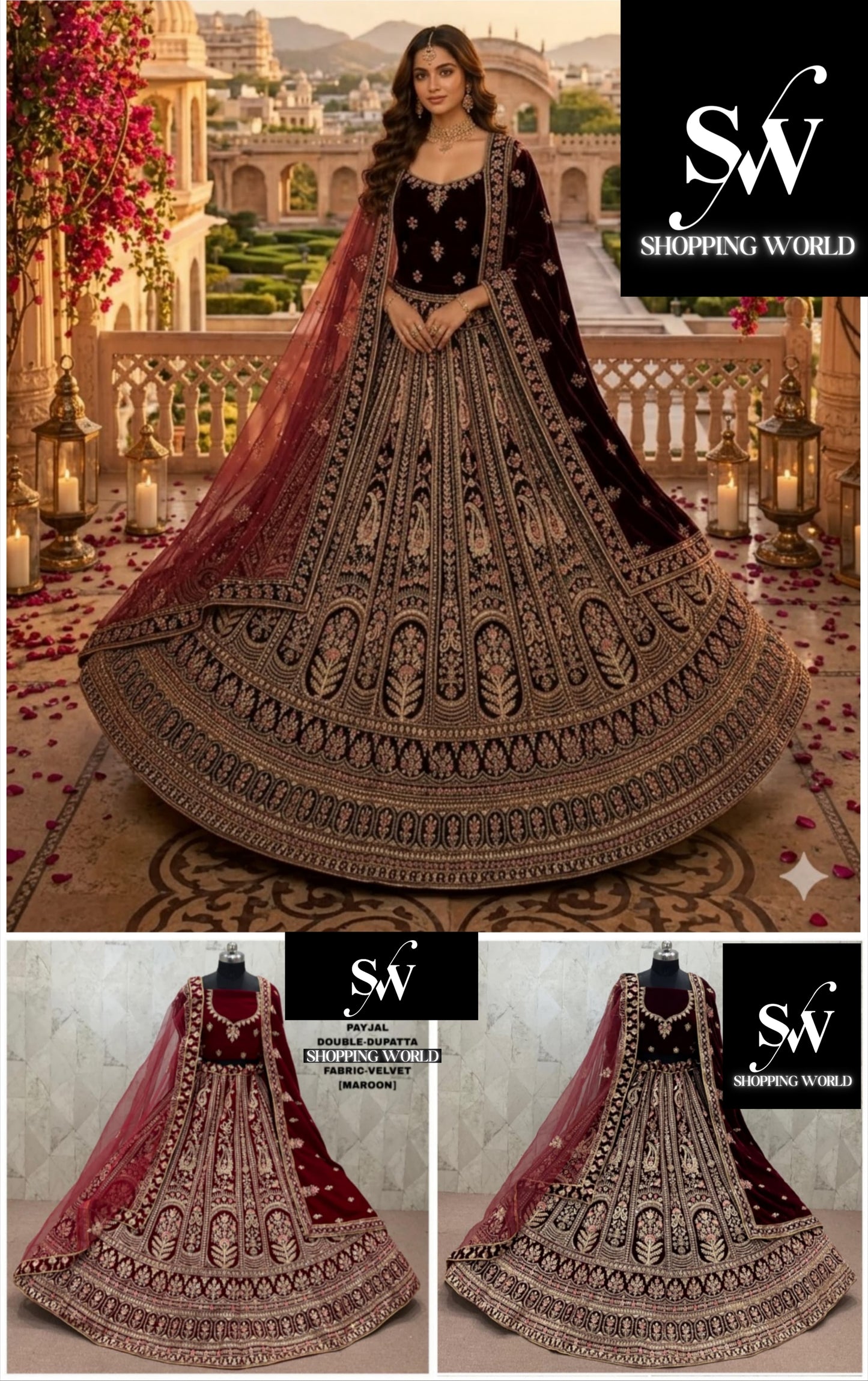 Maroon Dark Maroon Double Dupatta Velvet Bridal Lehenga