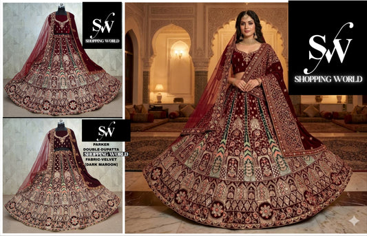 Maroon Dark Maroon Double Dupatta Velvet Bridal Lehenga