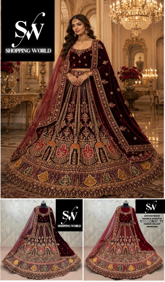 Maroon Dark Maroon Double Dupatta Velvet Bridal Lehenga