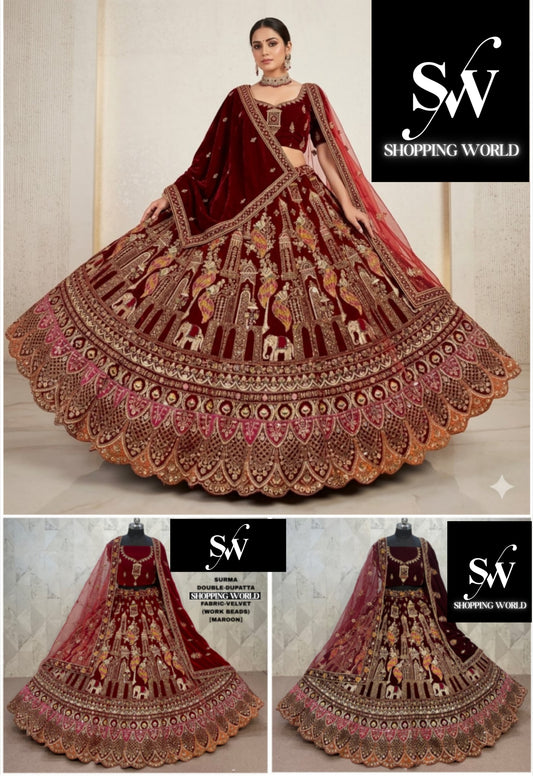Maroon Dark Maroon Double Dupatta Velvet Bridal Lehenga