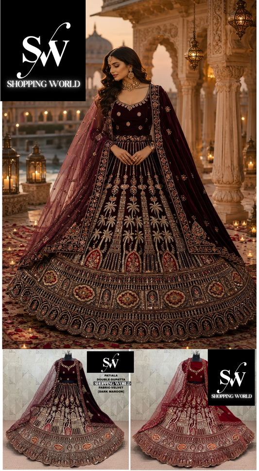 Maroon Dark Maroon Rani Pink Double Dupatta Velvet Bridal Lehenga