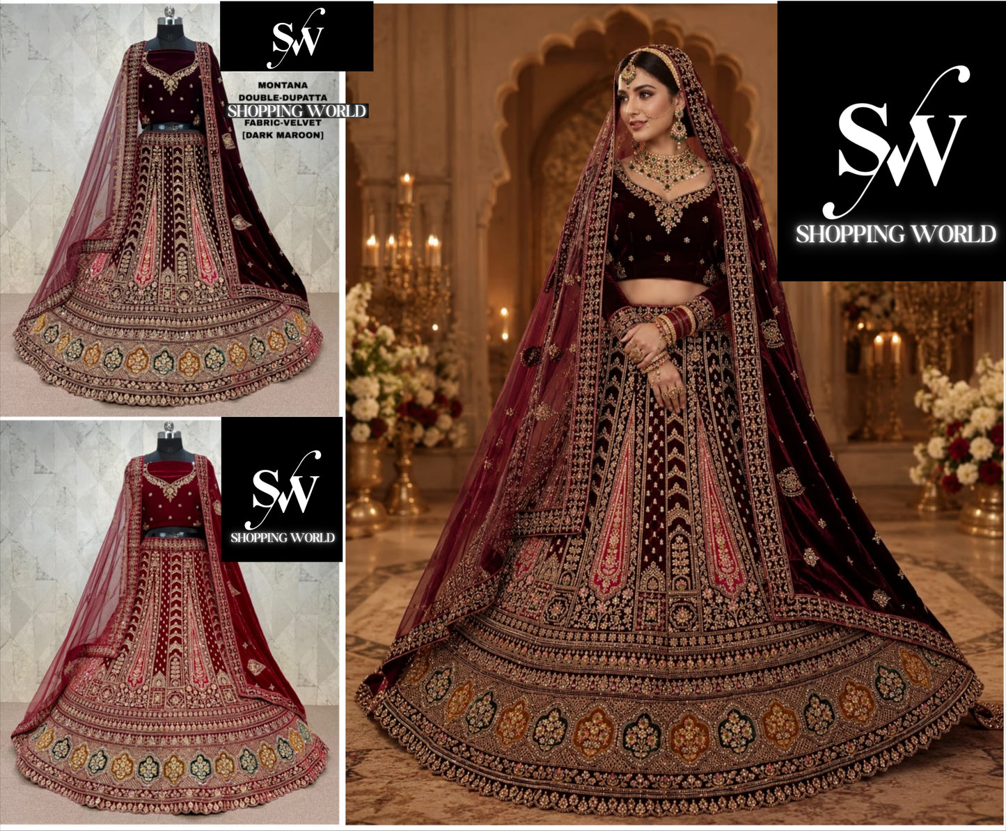 Maroon Dark Maroon Rani Pink Double Dupatta Velvet Bridal Lehenga