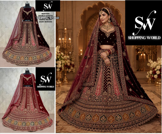 Maroon Dark Maroon Rani Pink Double Dupatta Velvet Bridal Lehenga