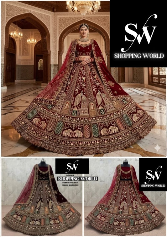 Maroon Dark Maroon Double Dupatta Peacock Velvet Bridal Lehenga
