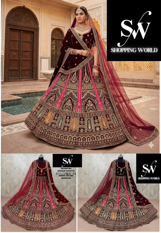 Maroon Dark Maroon Double Dupatta Peacock Velvet Bridal Lehenga