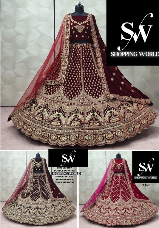Maroon Dark Maroon Rani Pink Double Dupatta Peacock Velvet Bridal Lehenga
