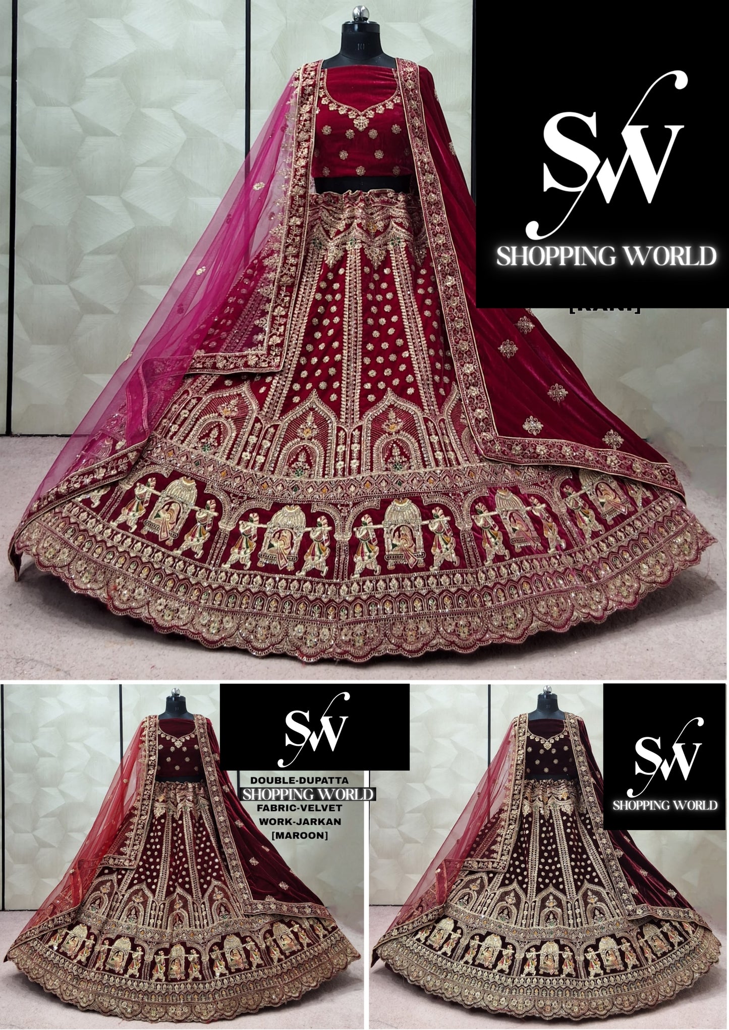 Maroon Dark Maroon Rani Pink Double Dupatta Doli Barat Velvet Bridal Lehenga