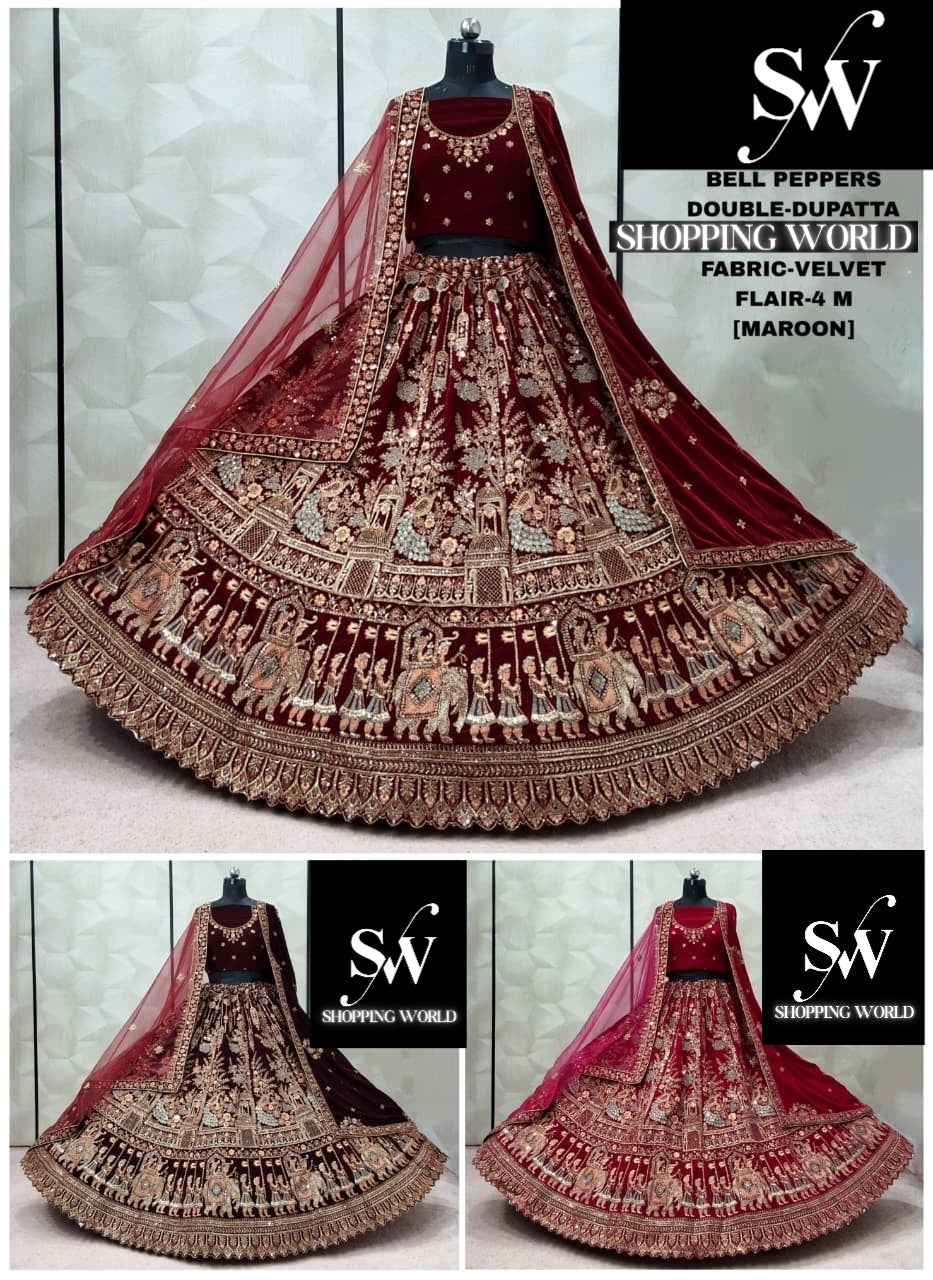Maroon Dark Maroon Rani Pink Double Dupatta Peacock Velvet Bridal Lehenga