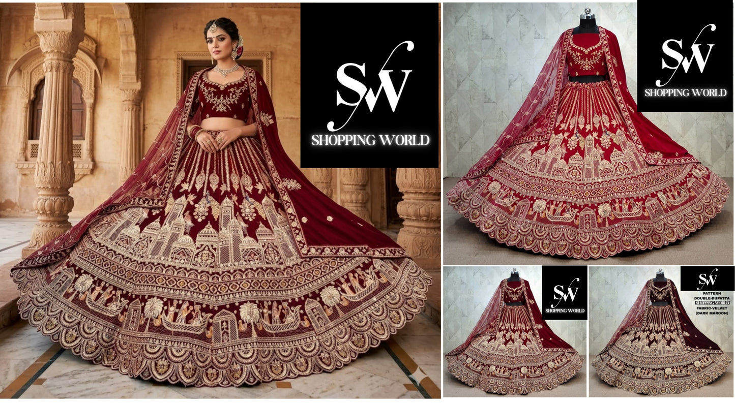 Maroon Dark Maroon Rani Pink Double Dupatta Peacock Velvet Bridal Lehenga