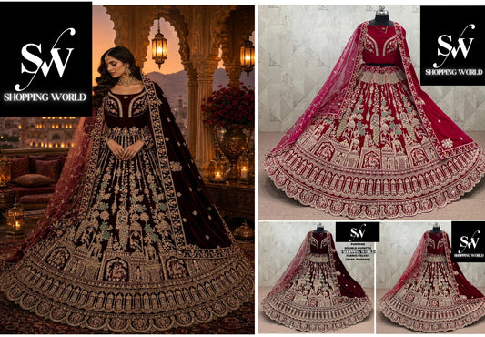 Maroon Dark Maroon Rani Pink Double Dupatta Peacock Velvet Bridal Lehenga
