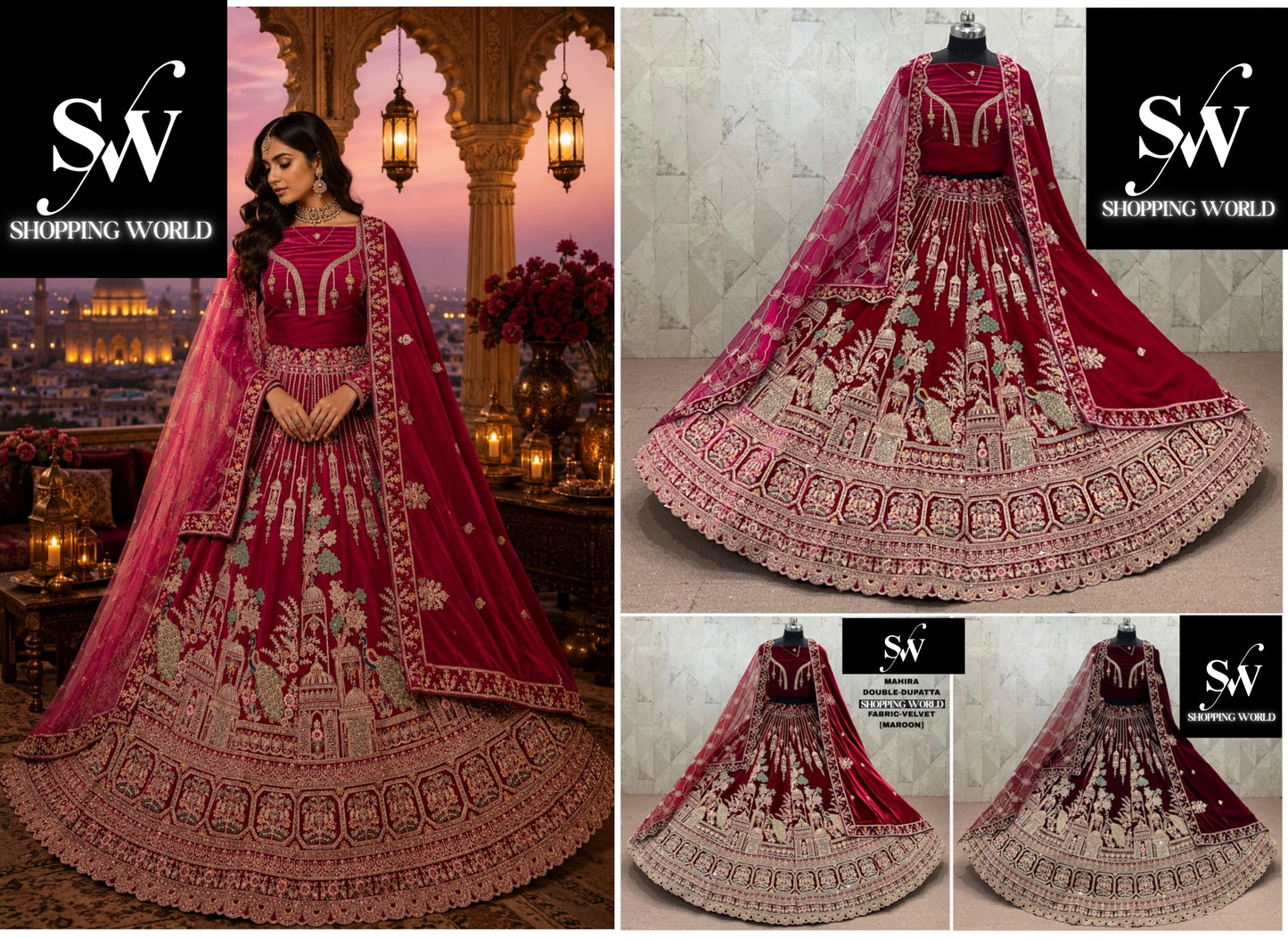 Maroon Dark Maroon Rani Pink Double Dupatta Peacock Velvet Bridal Lehenga