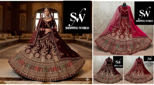 Maroon Dark Maroon Rani Pink Double Dupatta Velvet Bridal Lehenga