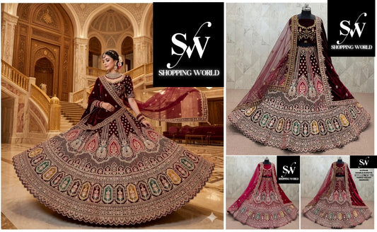 Maroon Dark Maroon Rani Pink Double Dupatta Velvet Bridal Lehenga