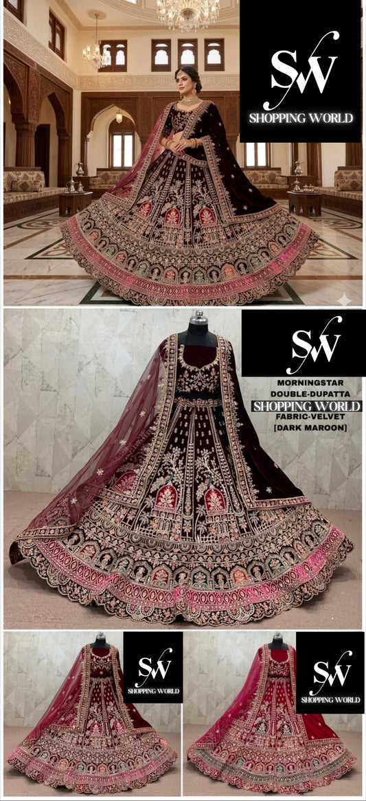 Maroon Dark Maroon Rani Pink Double Dupatta Velvet Bridal Lehenga
