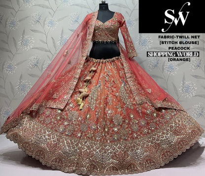 Orange Pink Peacock Twill Net Lehenga