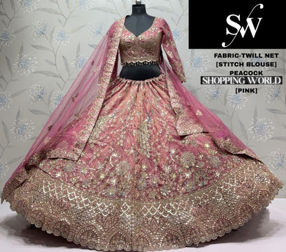 Pink peacock Twill Net Lehenga
