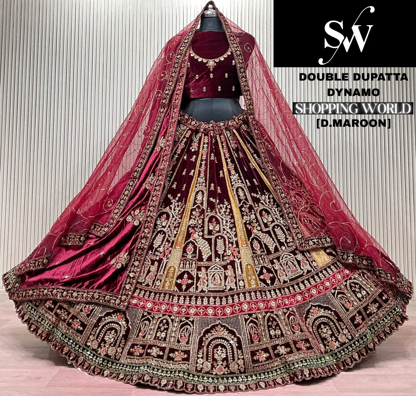 Dark Maroon Peacock Double Dupatta Peacock Bridal Lehenga