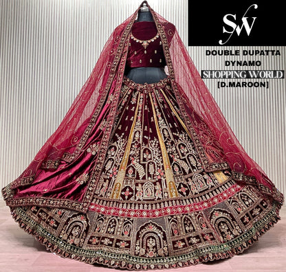 Dark Maroon Peacock Double Dupatta Peacock Bridal Lehenga
