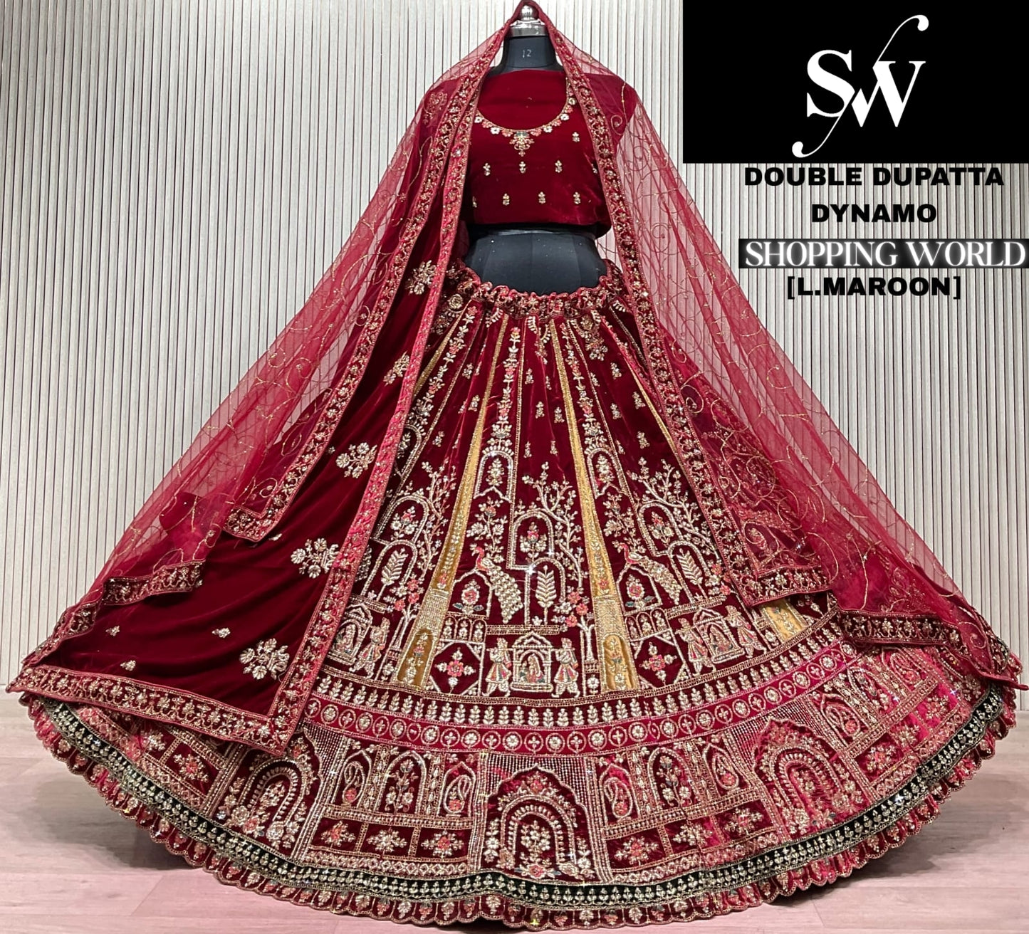 Dark Maroon Peacock Double Dupatta Peacock Bridal Lehenga