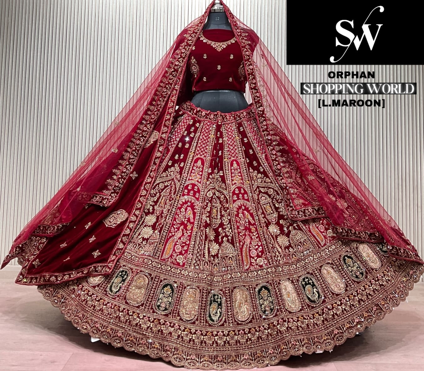 Dark Maroon Peacock Double Dupatta Peacock Bridal Lehenga