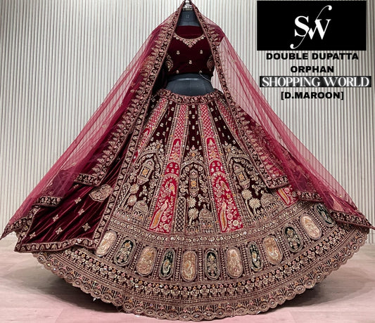 Dark Maroon Peacock Double Dupatta Peacock Bridal Lehenga
