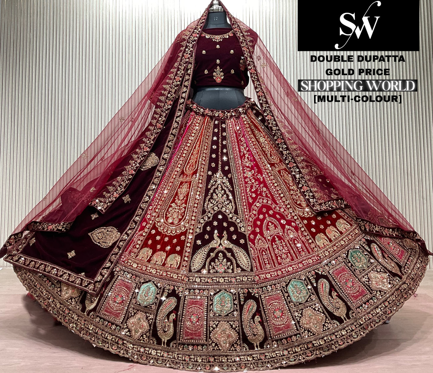 Rani Pink Maroon Multikali Double Dupatta Peacock Bridal Lehenga