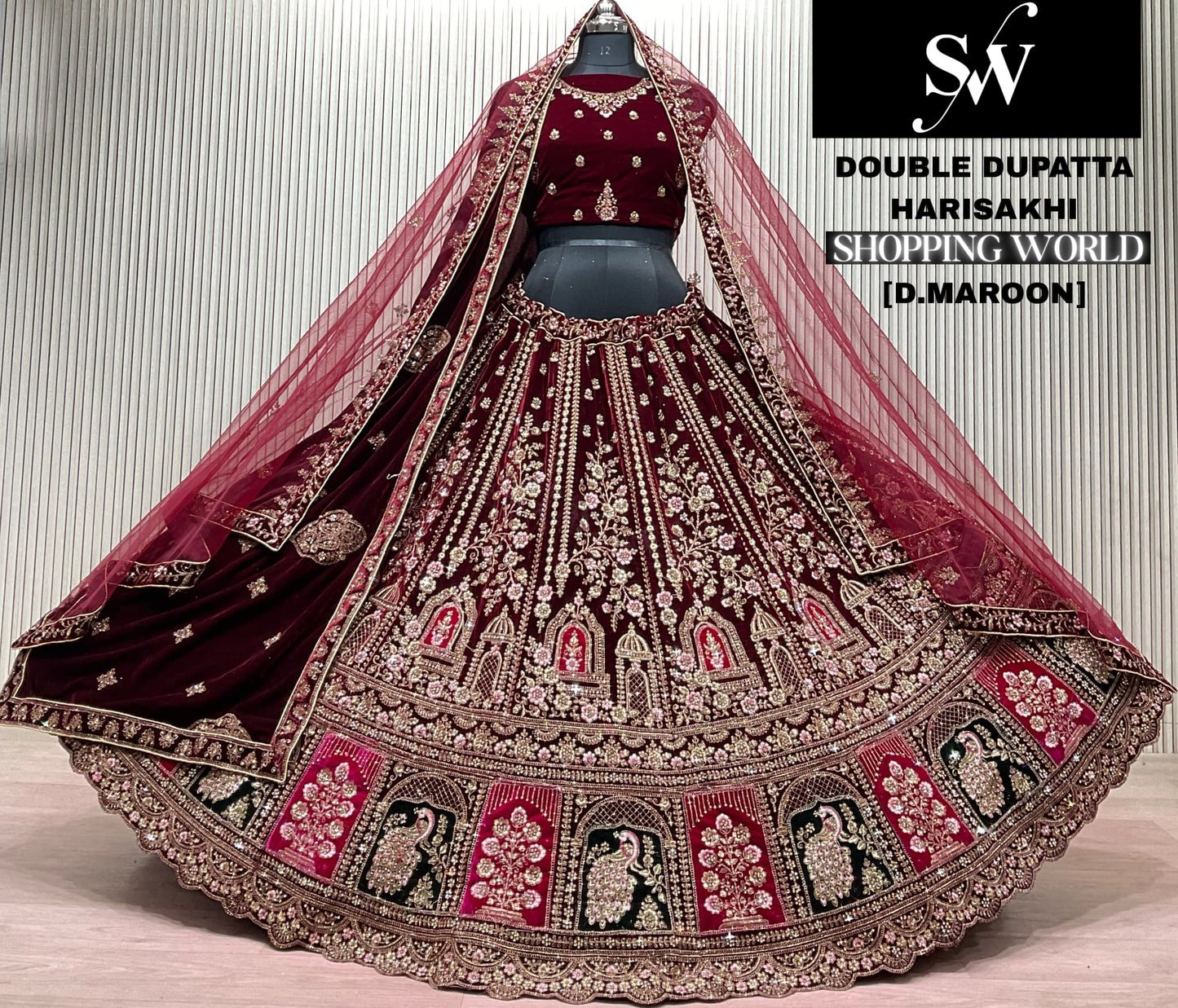 Dark Maroon Double Dupatta Bridal Lehenga