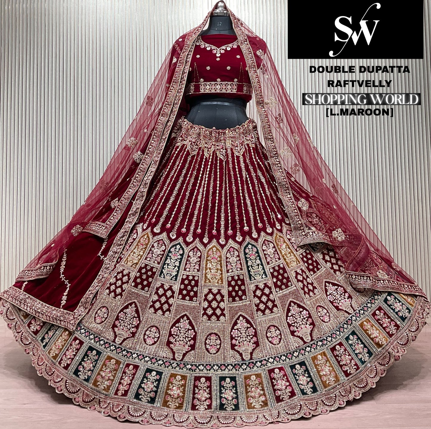 Light Maroon Double Dupatta Bridal Lehenga