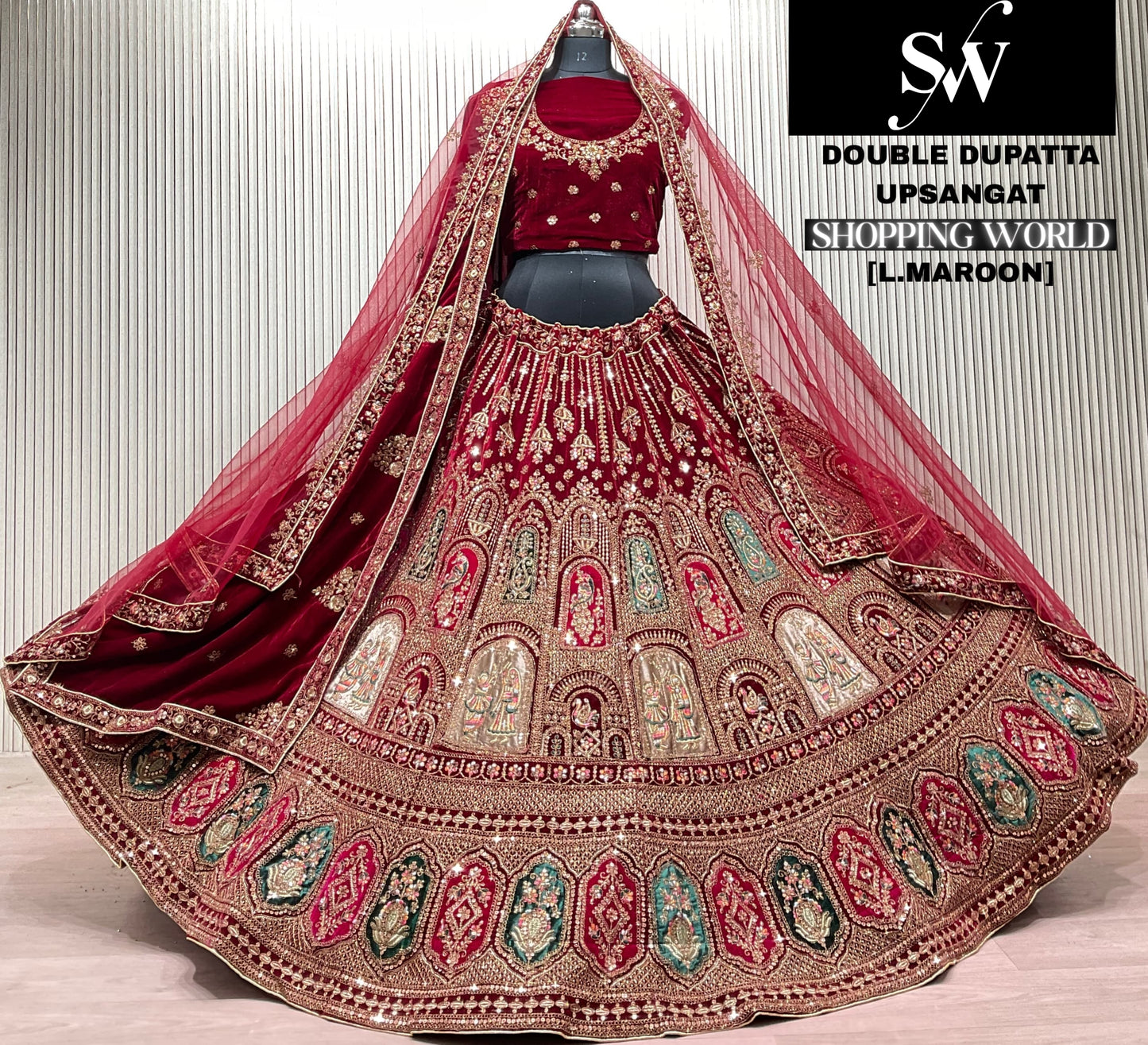 Light Maroon Double Dupatta Bridal Lehenga