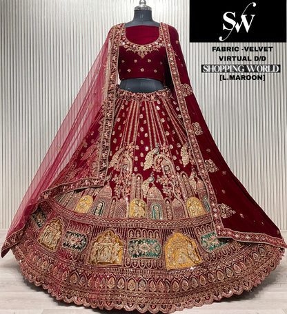 Dark Maroon Peacock Velvet Bridal Lehenga