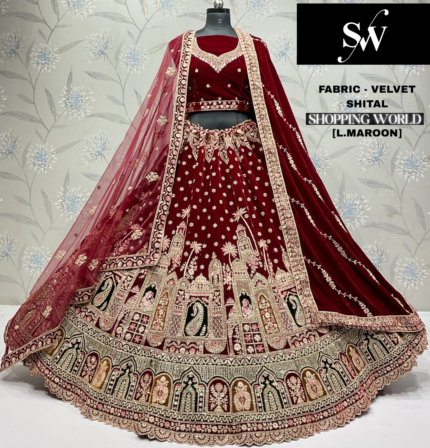 Rani Pink Velvet Bridal Lehenga