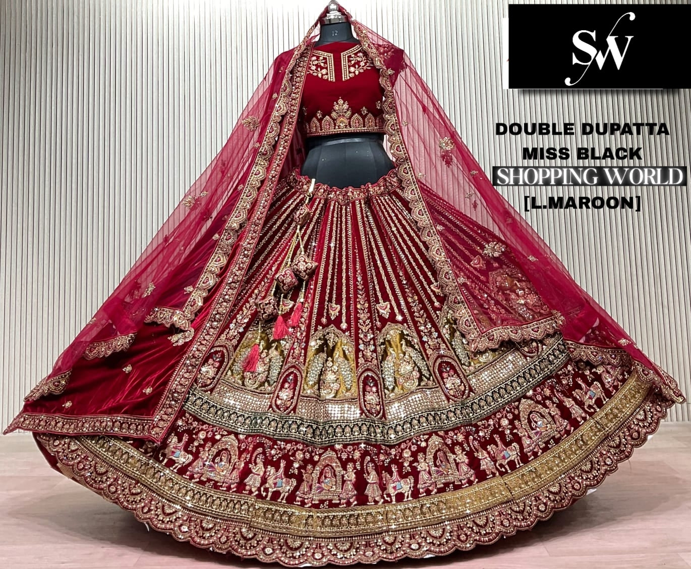 Light Maroon Double Dupatta Bridal Lehenga