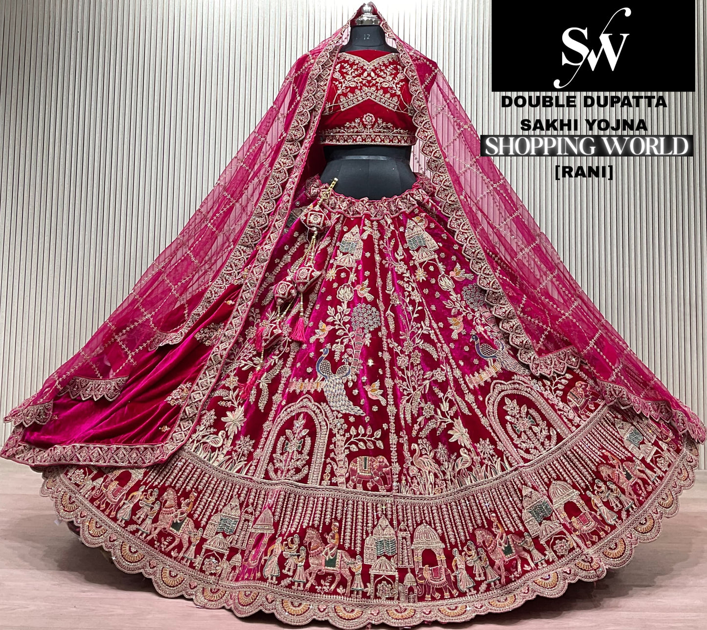 Rani pink Peacock Double Dupatta Bridal Lehenga