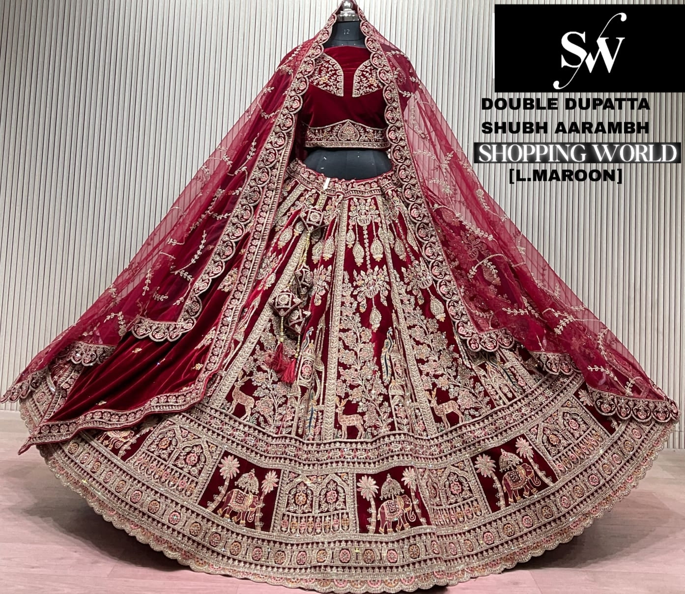 Light Maroon Double Dupatta Peacock Bridal Lehenga