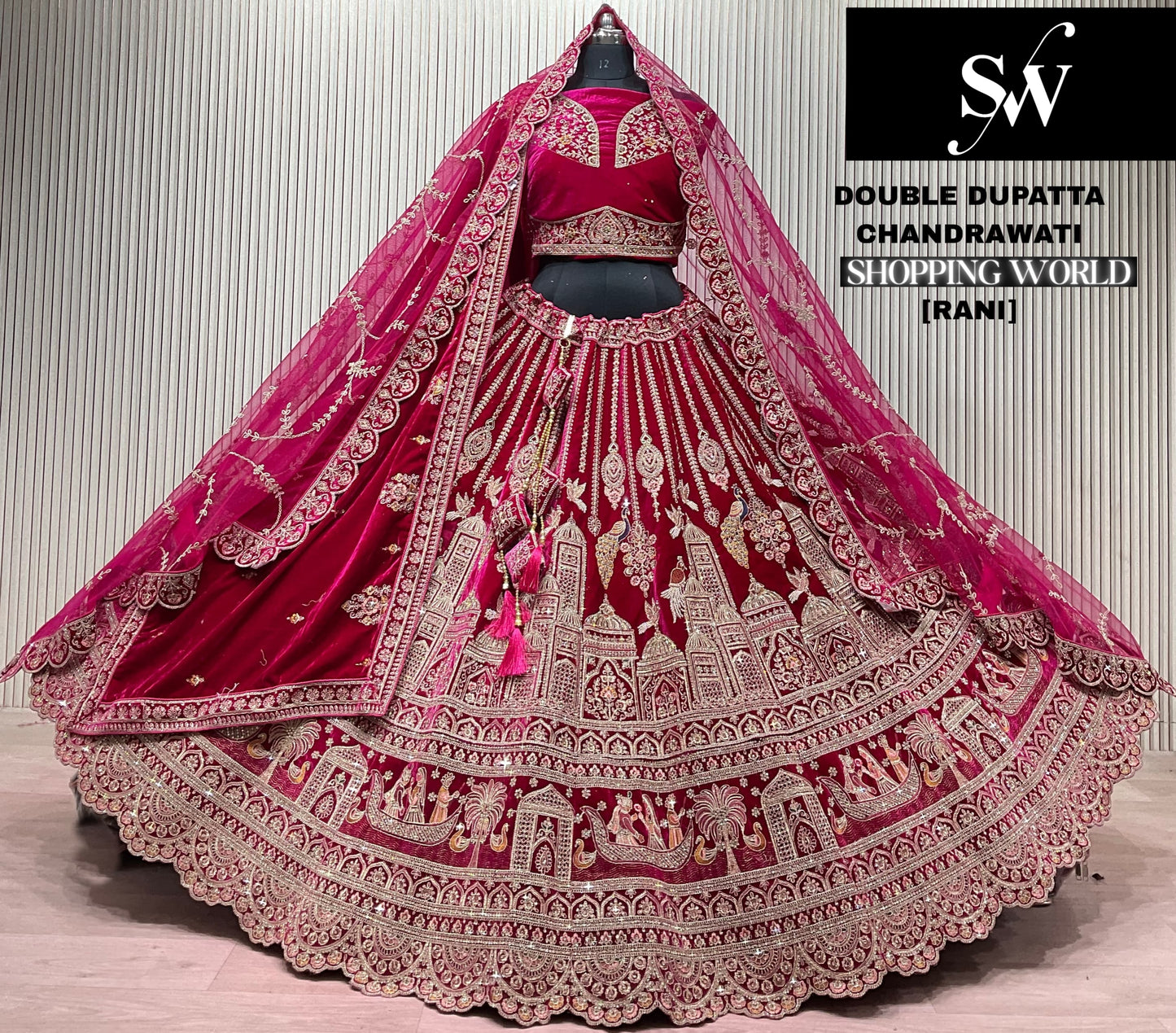 Light Maroon Peacock Double Dupatta Bridal Lehenga
