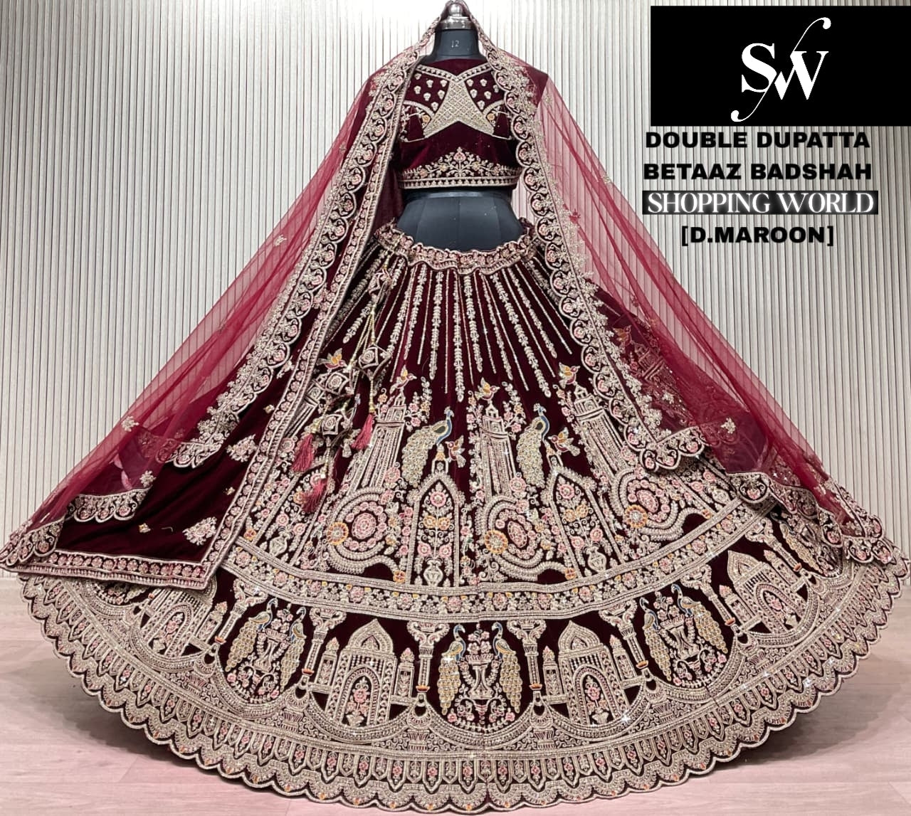 Rani Pink Peacock Double Dupatta Bridal Lehenga