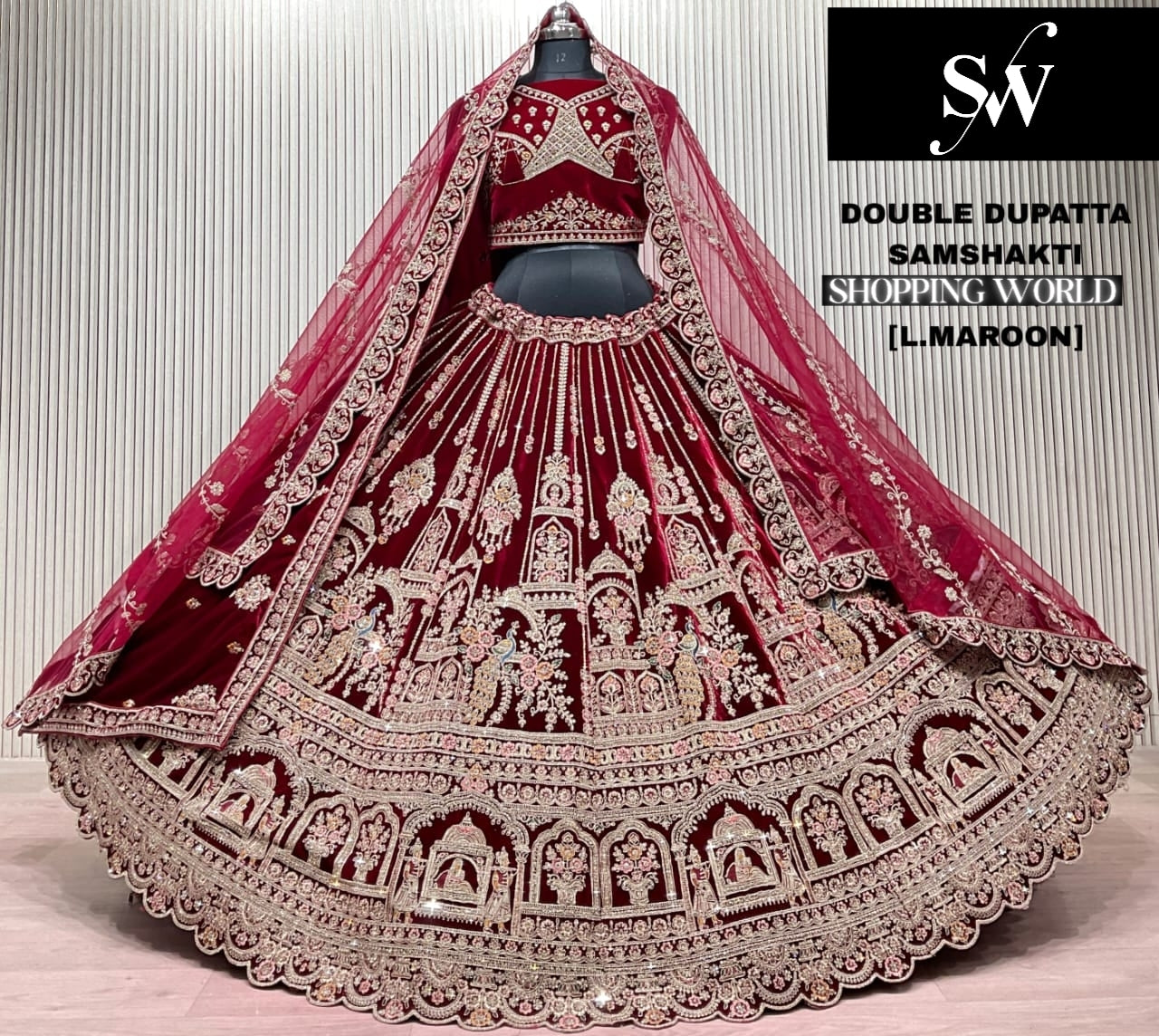 Light Maroon Double Dupatta Bridal Lehenga