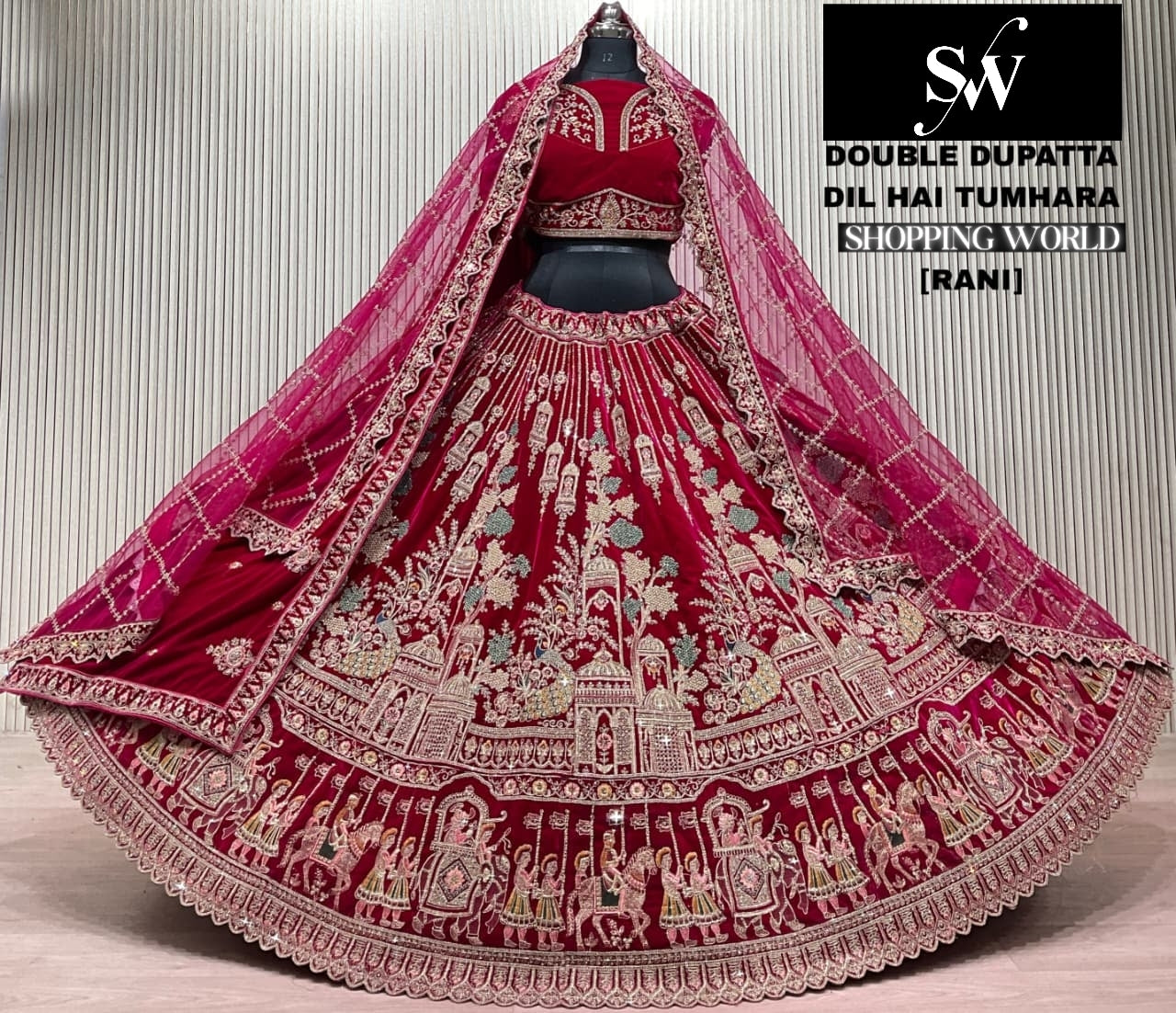 Rani Pink Double Dupatta Peacock Bridal Lehenga